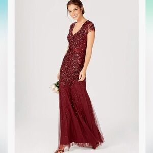 Adrianna Papell Cap-Sleeve Embellished Gown Deep Wine Burgundy Maroon